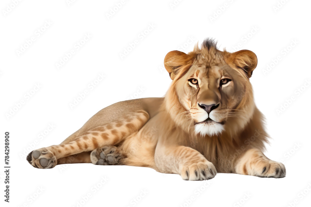 Fototapeta premium Lion is sunbathing, isolated on transparent background.