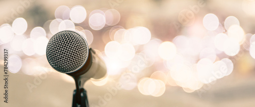 Microphone for press conference speaker report interview concepts or broadcasting public speaking speech presentation stage performance and reporter news with empty copy space background. © Eakrin