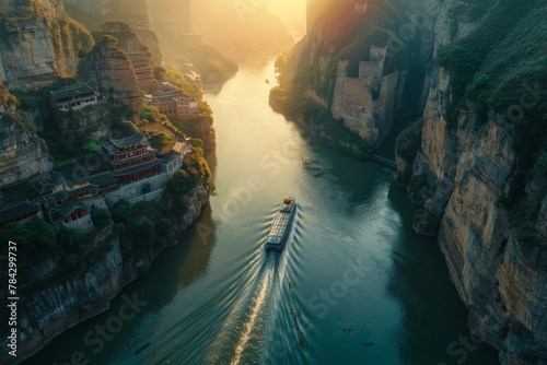 A ship sailing on the river in a canyon in china during the sunrise #784299737