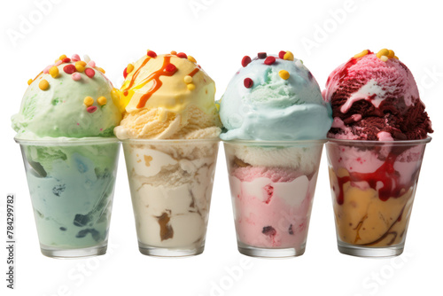 Ice cream, various flavors Topped with various sauces Sprinkle with toppings on a glass cup, isolated on transparent background.