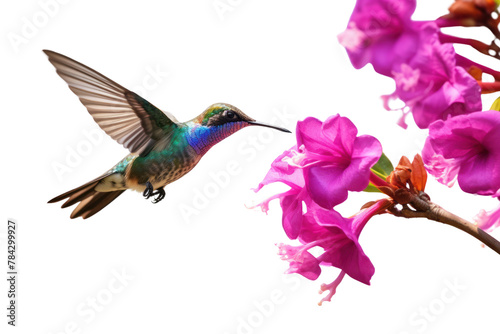 Hummingbird Flying to suck nectar from purple frangipani flowers , Isolated on transparent background.