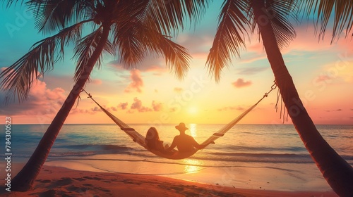 romantic view on vacation on tropical islands. couple in love, man and woman sit in a hammock and watch an incredible sunset over the ocean on their vacation
