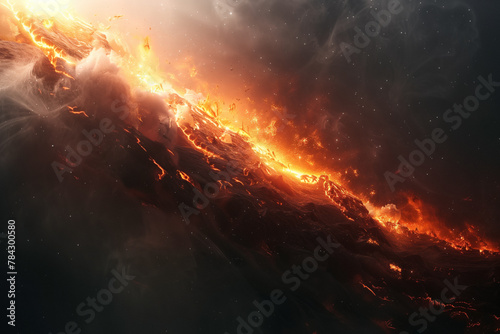 Massive fire wave erupting in cloudy star sky, natural catastrophe wallpaper background