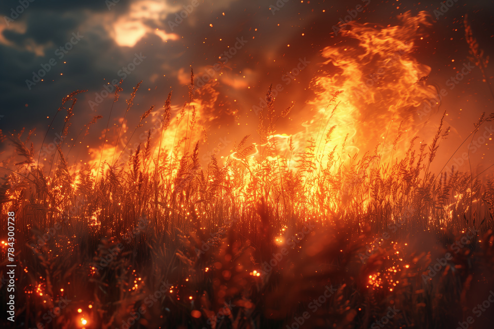 Field engulfed in raging fire, natural catastrophe wallpaper background