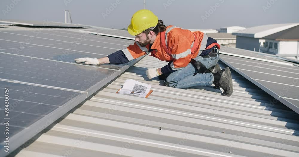 custom made wallpaper toronto digitalA technician engineer in a high-visibility vest and helmet installs solar panels on a roof, showcasing renewable energy solutions in an urban