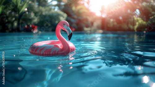 Pink flamingo shaped float in a pool - Holiday, relax and travel concept. Blurred background at sunset. photo