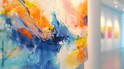 An abstract painting with soothing colors and shapes, hanging on a wall, representing the therapeutic power of art, blurred background, with copy space