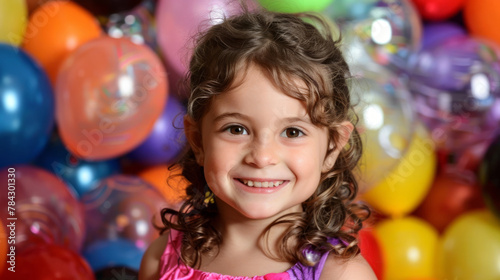 A radiant young girl with curly hair wears a bright pink dress and beams with joy at a festive birthday party, surrounded by a vibrant array of balloons in shades of blue, red, yellow, and purple