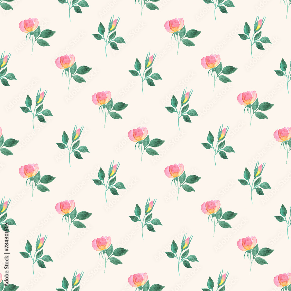 Hand painted pink yellow gradient colored roses with green leaves as summer spring seamless pattern on beige background for print cards, invitations, scrapbooking and wrapper. Hand painted pink yellow gradient colored roses with green leaves as summer spring seamless pattern on beige background for print cards, invitations, scrapbooking and wrapper.