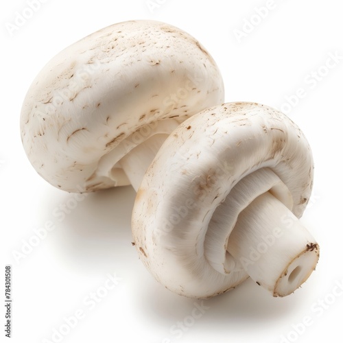 Two pristine white mushrooms displayed against a pure white background, ideal for culinary uses.