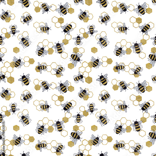 Cute hand drawn line art seamless pattern honey bees with golden hexagons of honeycombs in behives on white background.Print cards,fabric,wrapping paper