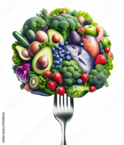 Healthy food idea with vegetables, fruit and fish on a fork as a health lifestyle symbol. White Background