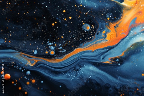 Cosmic Dance: The Striking Interplay of Blue and Orange Paint in Abstract Art" Reflecting the sublime flow of art and science, this image showcases the graceful interplay of blue and orange paint to