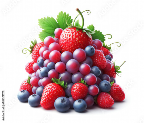 Strawberry grape and blueberries  isolated on white background  mix fruit and berries for health