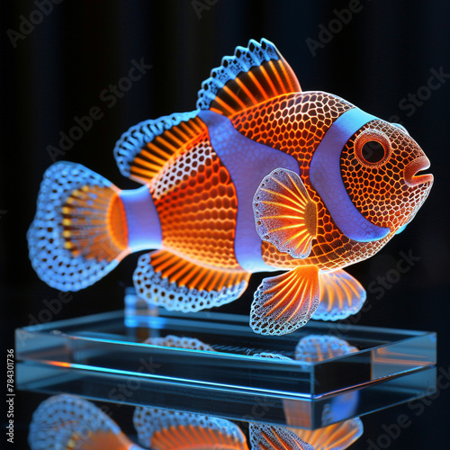 Luminescent Orange Clownfish Sculpture on Glass