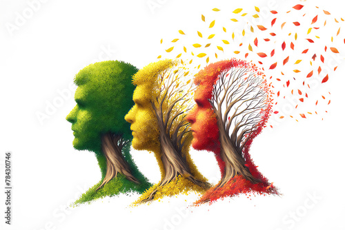 Memory loss and brain aging due to dementia and Alzheimer's disease. Concept of a group of colour changing autumn trees in the shape of a human head losing leaves on a white background