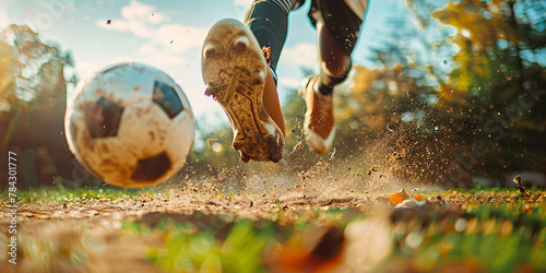 Dynamic feet dribbling soccer ball on muddy field, epitomizing passion for the game photo