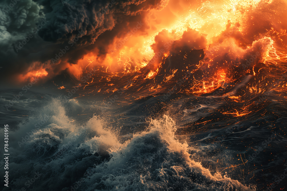 Massive wave and fire surging in open water, natural catastrophe wallpaper background