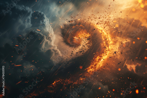 Swirling fire spiral in dark sky, natural catastrophe wallpaper background