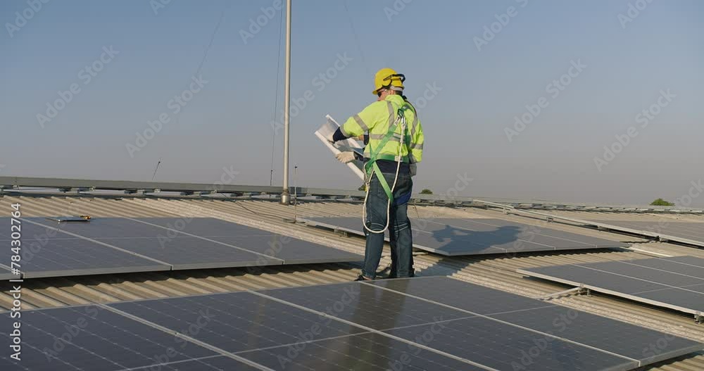Technicians engineer in safety vests and helmets discussing analysis maintenance install solar panels on a metal roof, integrating sustainable energy solutions Technicians engineer in safety vests and helmets discussing analysis maintenance install solar panels on a metal roof, integrating sustainable energy solutions
