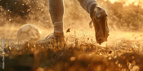 Determined feet dribbling soccer ball on muddy field, embodying spirit of perseverance photo