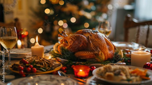 Table of roast turkey and food in christmas and new year party of American family at home