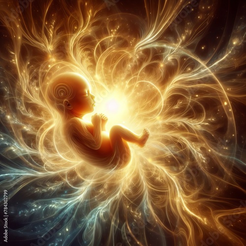 Artistic depiction of an infant curled in a fetal position, enveloped by a glowing nebula and twinkling stars, symbolizing the birth of life amidst cosmic wonder.. AI Generation photo