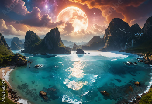 Fantastic landscape with a big full moon and a mountains and lake or river, fantasy matte painting, enchanted dreams. Science fiction landscape, a mystic river and starry sky.  photo