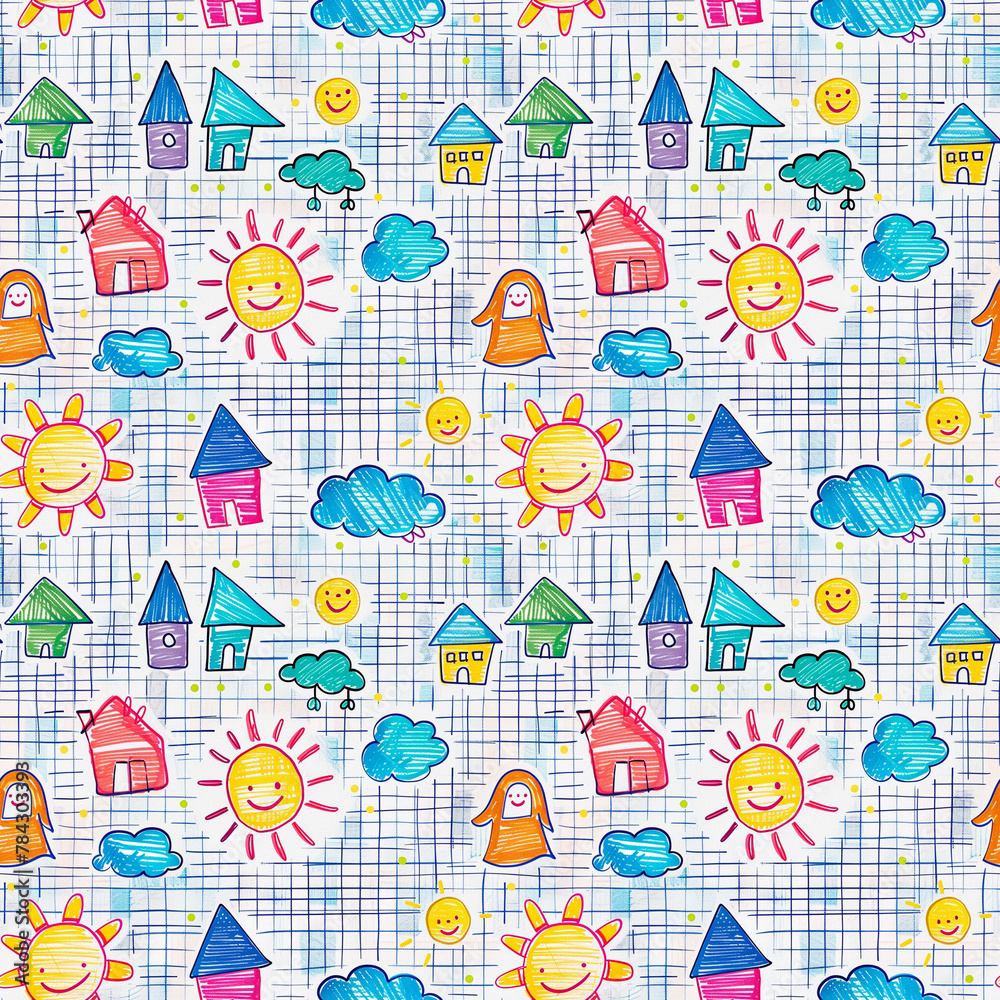 Doodle-style houses and suns on notebook grid