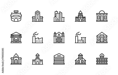 Building and structures vector linear icons. Isolated icon collection of buildings stadium, railway station, city, factory and more.