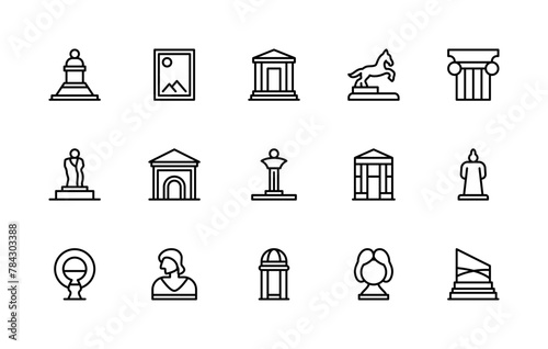 Museum vector linear icons set. Collection contains such icons as sculpture, painting, monument, statues and more.