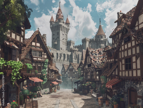 a beautiful and rich medieval neighborhood that is dominated by a large castle with training grounds and stables, there are a few shops nearby that are fine and well built