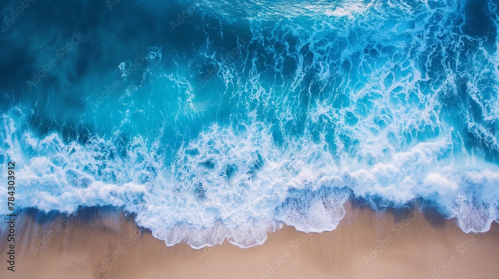 A bright, saturated color sea wave washes the Sandy shore. top view banner with popular tourist destination travel agency A bright, saturated color sea wave washes the Sandy shore. top view banner with popular tourist destination travel agency