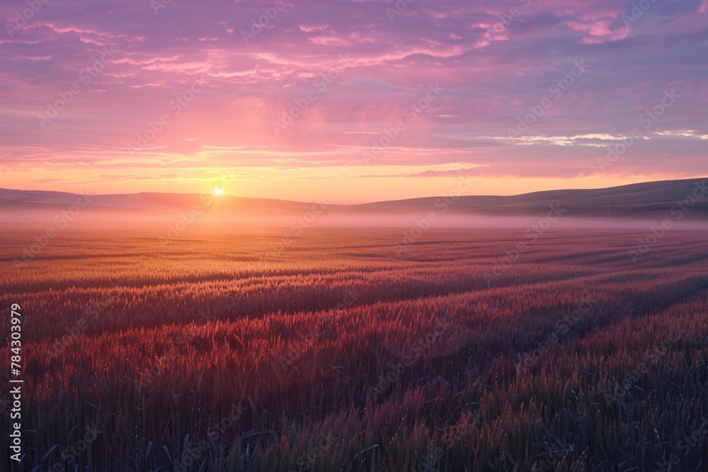 The sun lowers on the horizon, casting a warm glow over a vast field of grass