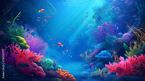 illustration of a bright rich underwater world. bright colored coral reefs and a lot of fish on the ocean floor  which the sun s rays reach from the surface of the water