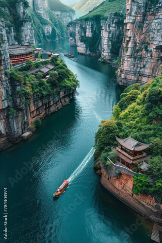 A ship sailing on the river in a canyon in china 