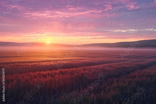 The sun lowers on the horizon, casting a warm glow over a vast field of grass