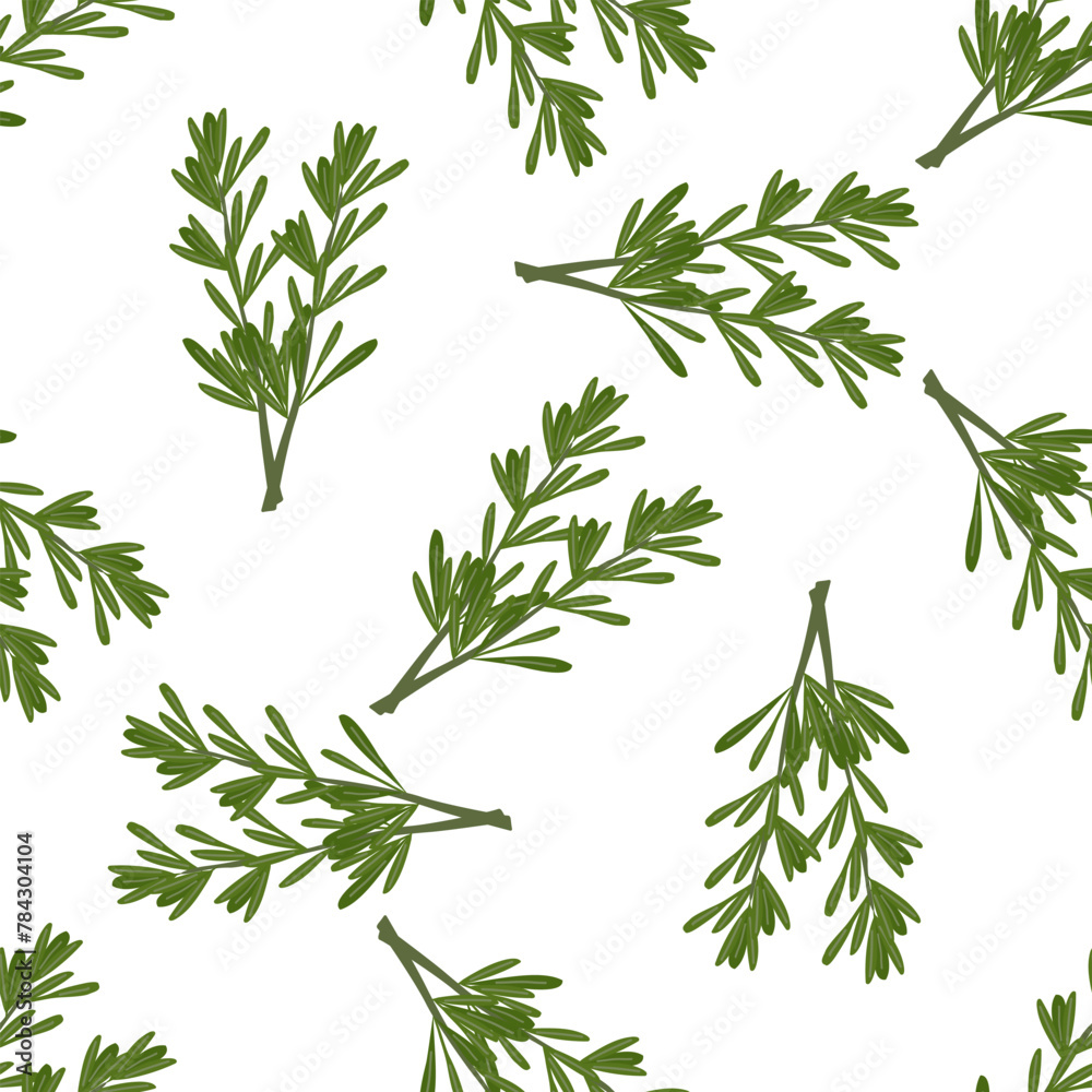 Fototapeta premium Fresh herbs and spices seasonings seamless pattern. Rosemary branches. Design of packaging, background, poster, flyer. Vector flat illustration.