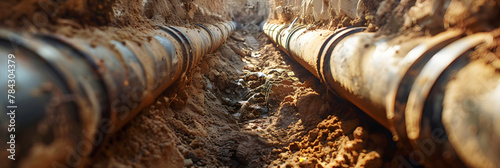 Metal pipe in trench, pipeline construction in ground, old underground water line and dirt. Concept of technology, oil, gas, work, dig photo
