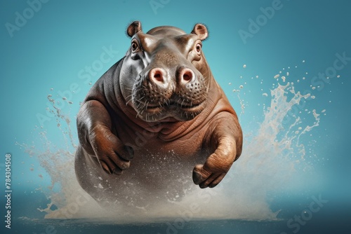 Happy hippopotamus jumping and having fun.