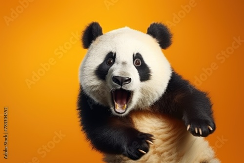 Happy panda jumping and having fun.