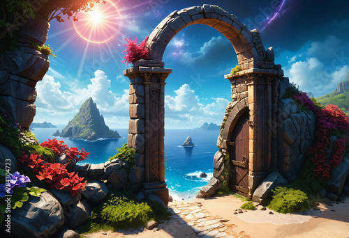 Close up of a gate with a view of the ocean, path to the beach, mythic island, doors of perception. Fantasy landscape with ancient ruins, stone arch gate to bright sea, peaceful scene