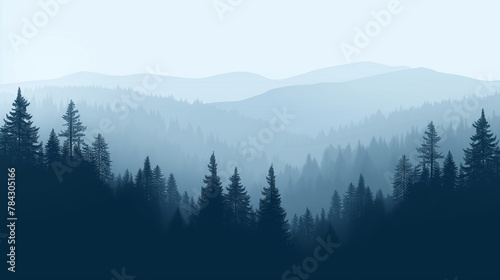 Misty mountain layers and forest silhouette.