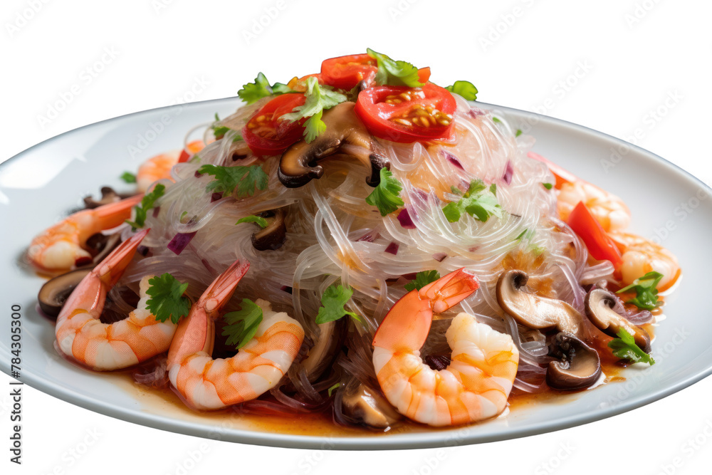 Glass noodle salad with shrimp, minced pork, topped with sweet and sour salad dressing on a white plate. Isolated on transparent background. Glass noodle salad with shrimp, minced pork, topped with sweet and sour salad dressing on a white plate. Isolated on transparent background.