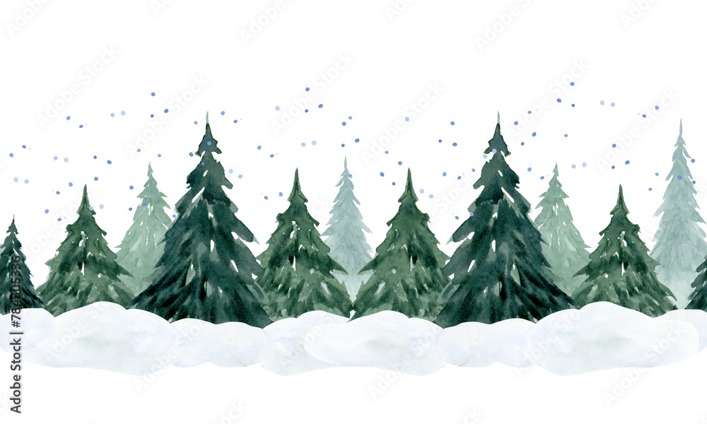 Falling snow in fir trees forest watercolor seamless border with Christmas green spruce isolated on white for winter holidays horizontal banners and landscape designs