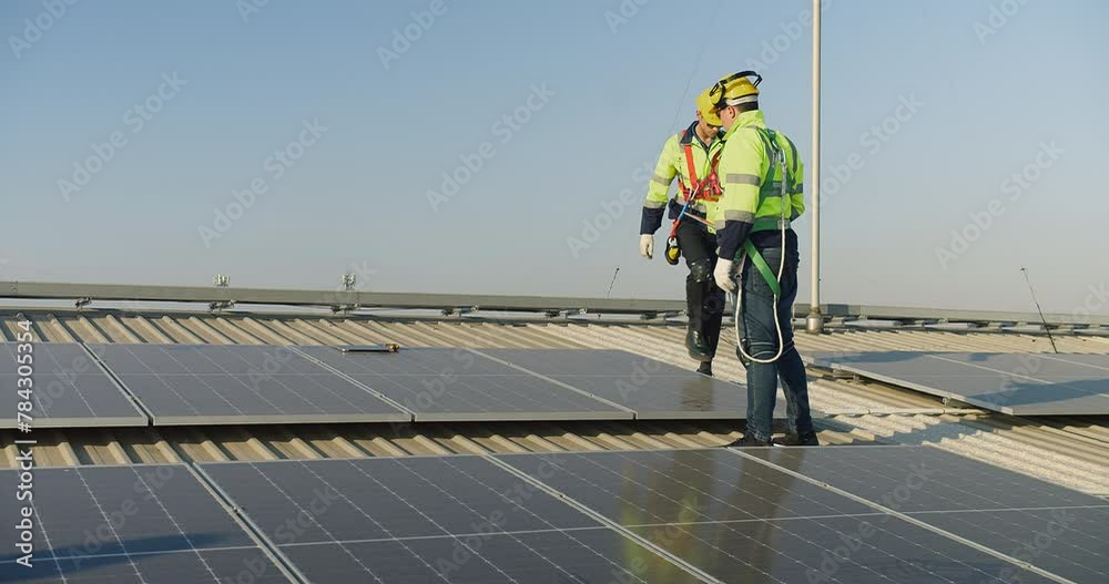 Technicians engineer in safety vests and helmets discussing analysis maintenance install solar panels on a metal roof, integrating sustainable energy solutions Technicians engineer in safety vests and helmets discussing analysis maintenance install solar panels on a metal roof, integrating sustainable energy solutions