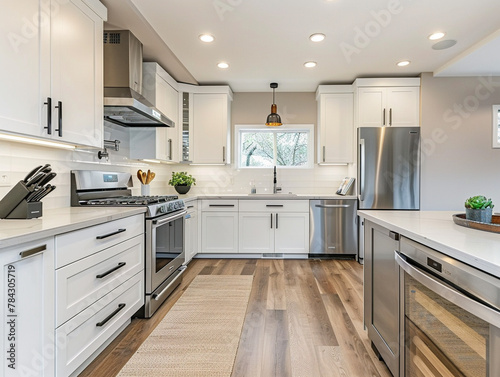 Modern kitchen with white cabinets, stainless steel appliances, and glossy black countertops in contemporary style.