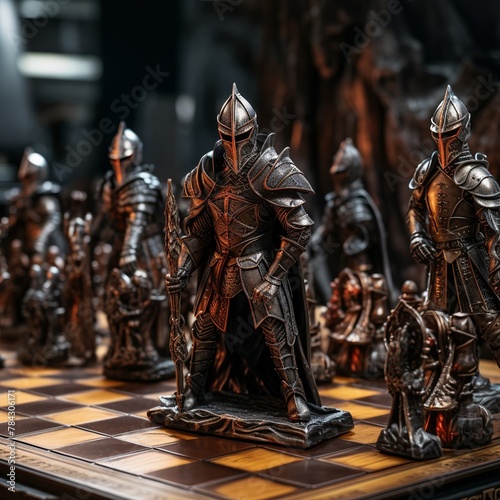 illustration of full armored chess figures faiting on the chessboard, Generative ai photo