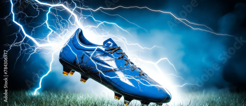 Soccer football boot with thunder  isolated on dark background, vector illustration photo