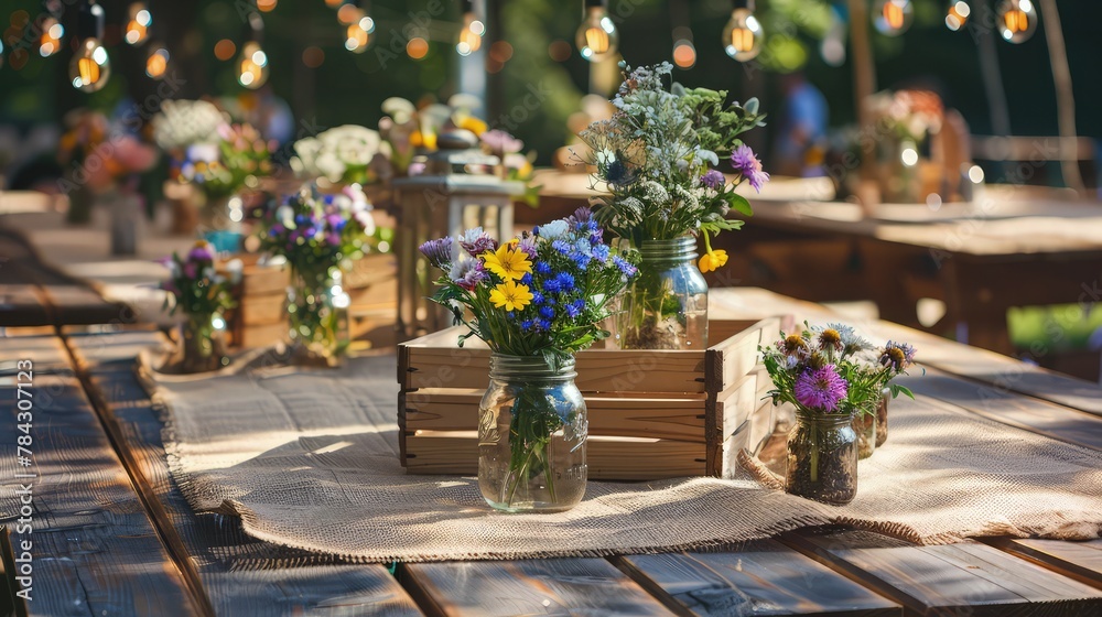 decorated wooden table with flowers in vase 